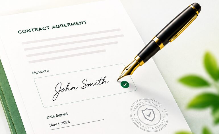 A printed contract agreement signed by hand with a fountain pen and a green verification seal